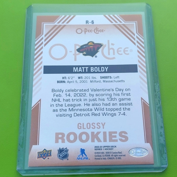 Matt Boldy O-Pee-Chee Glossy Rookies Card Number R-6 Hockey Card Minnesota Wild - Picture 2 of 2